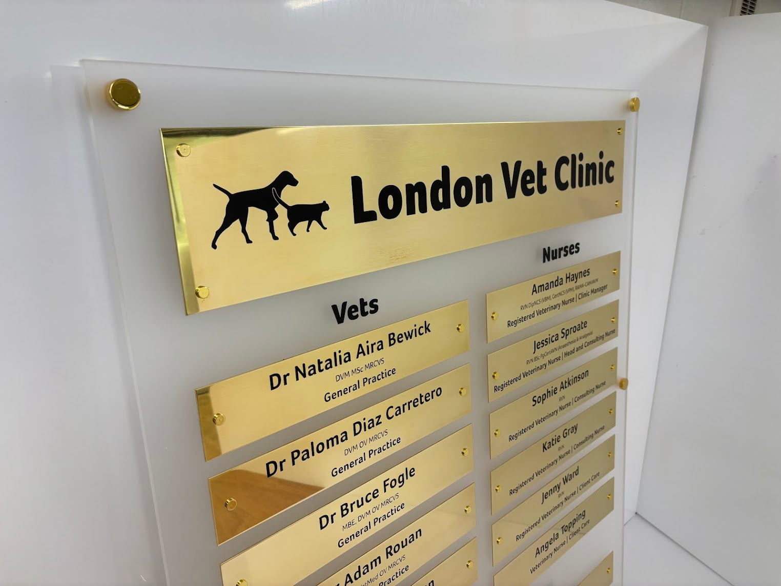 Bespoke polished brass directory sign made for London Vet Clinic