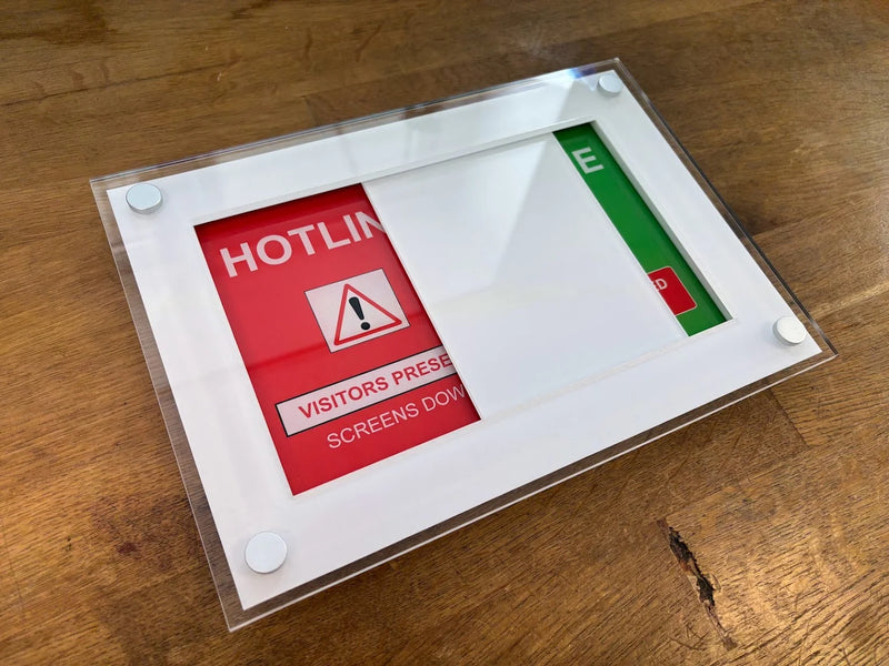 Bespoke acrylic status sign with a white sliding panel revealing red and green messages