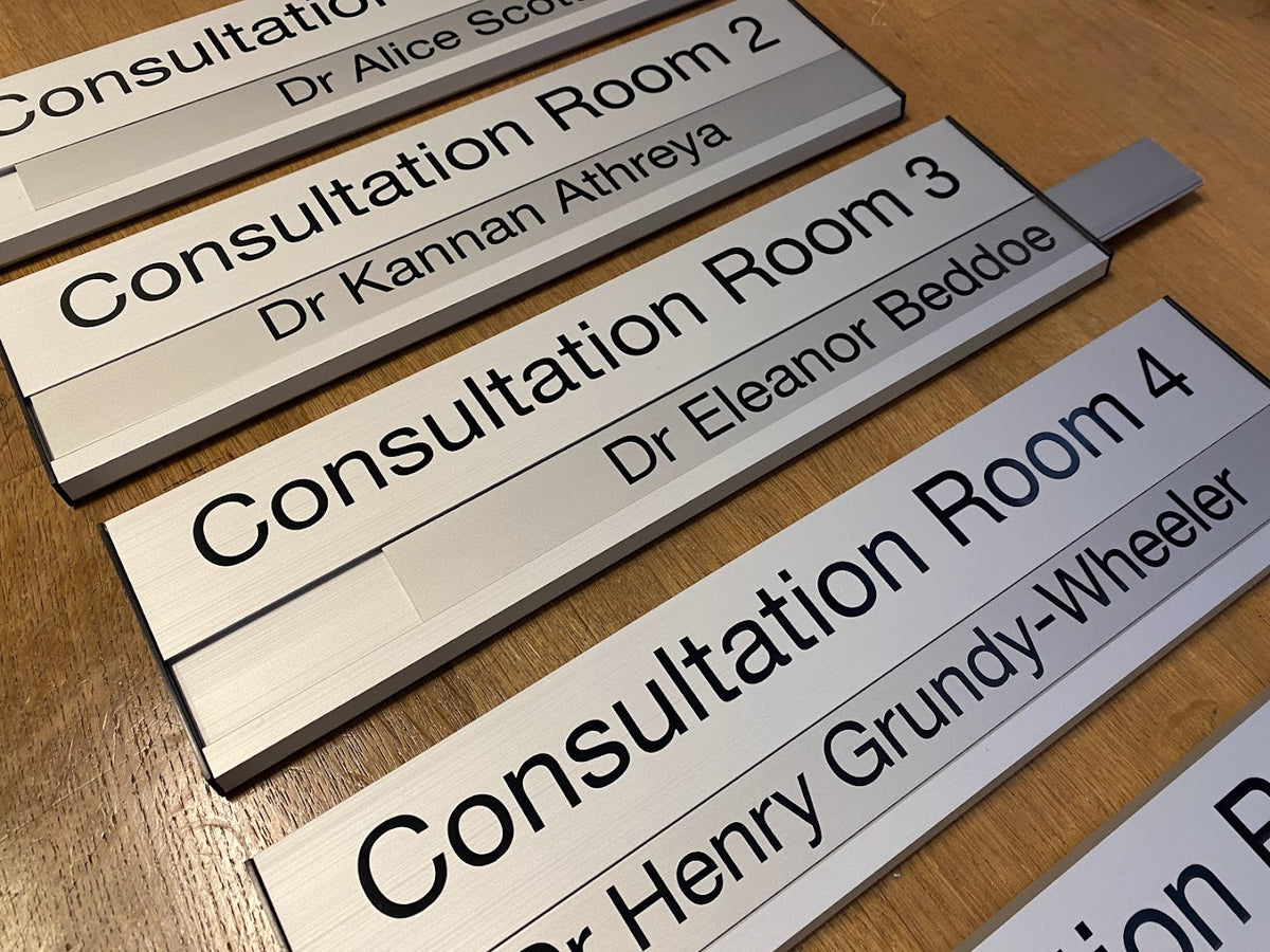 Interchangeable aluminium consultation room signs