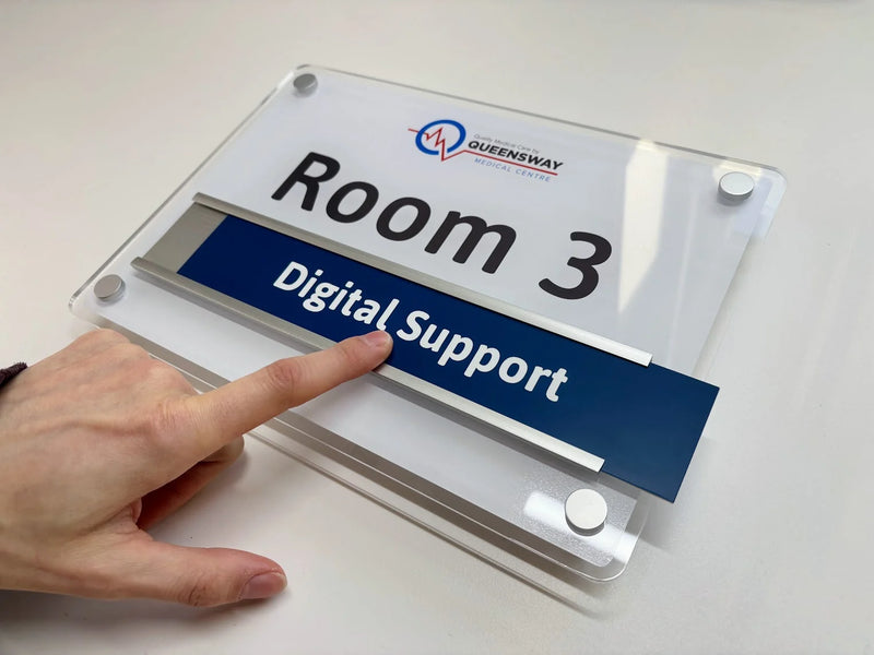 Queensway Medical Centre acrylic Room 3 sign with a removable blue Digital Support nameplate